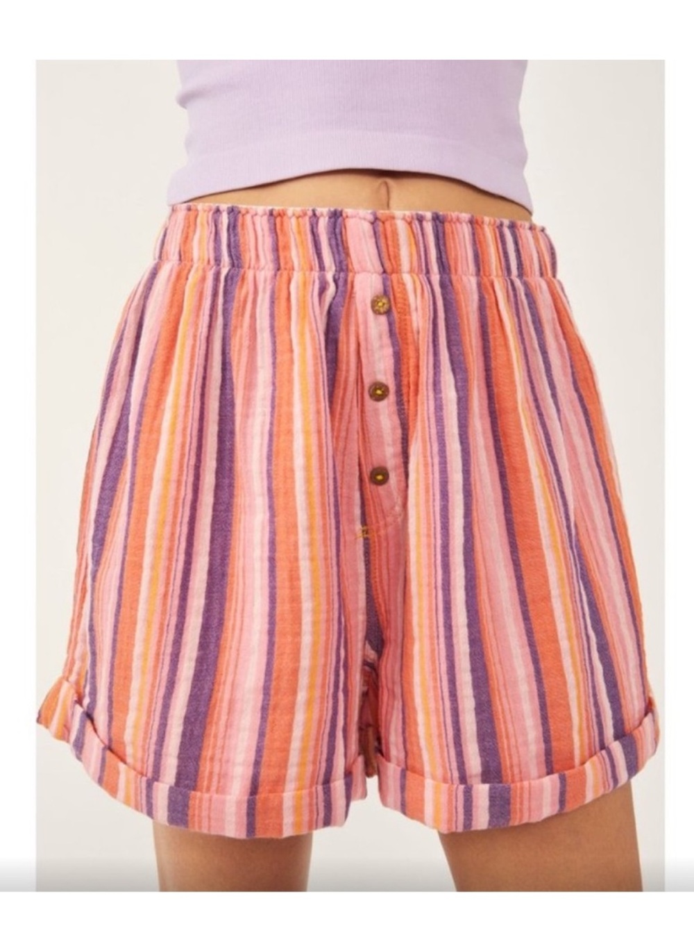 Free People Striped Button-Front Women’s Shorts in Pink & Orange